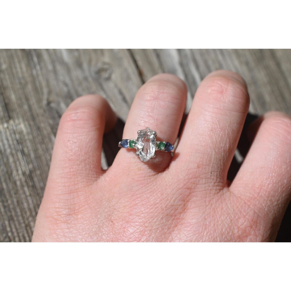 Engagement ring Emerald, Montana sapphire and Lake County diamond  sterling silv